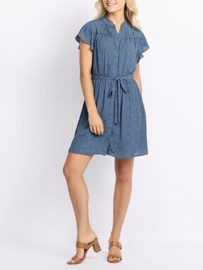 NWT Les Serein Carter Dress Indigo Blue Polka Dot Flutter Sleeve Mini Dress,M